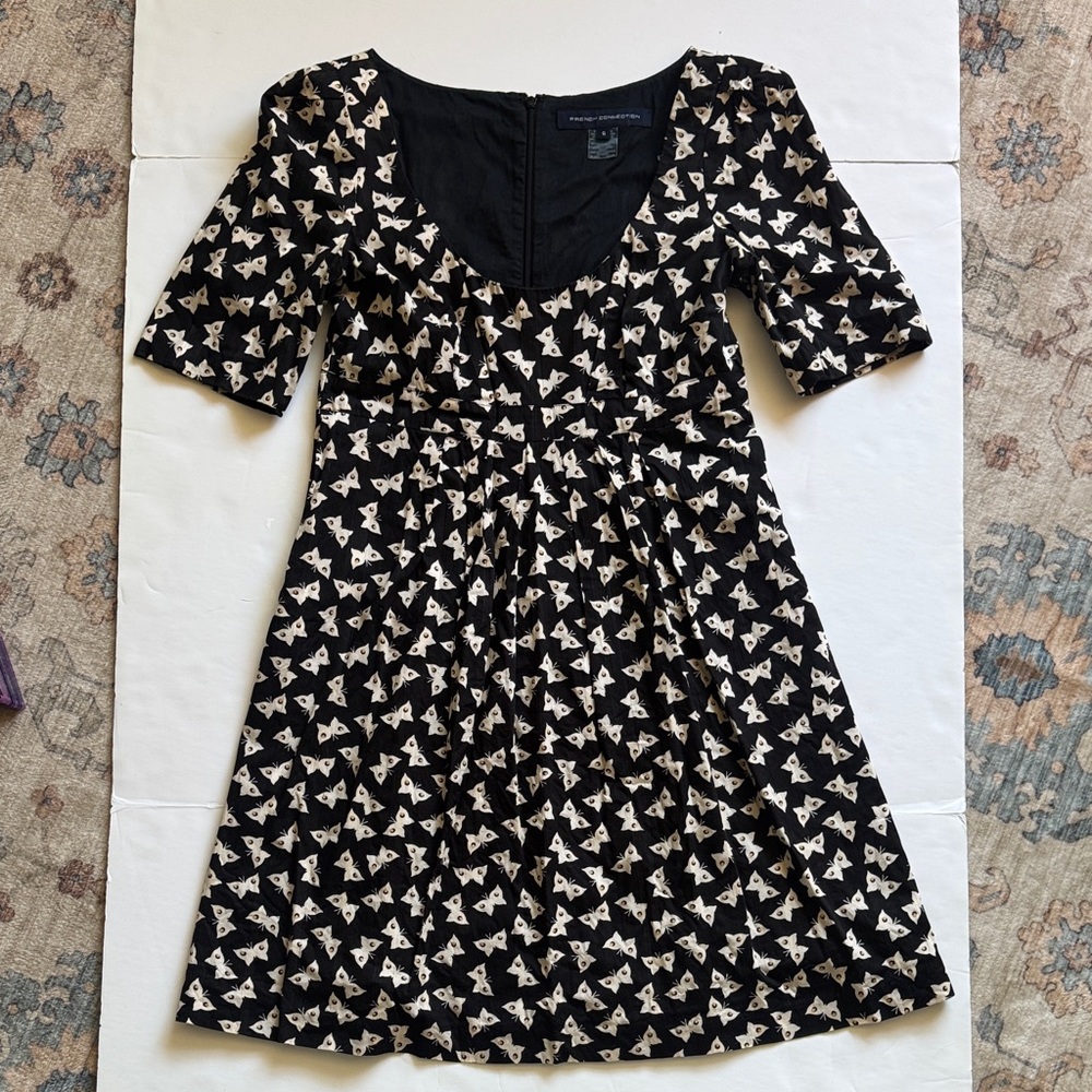 French Connection Black and Cream Patterned Mini Dress